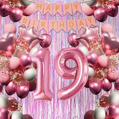 19. Geburtstagsdeko Mädchen, Rosa-Weiß Geburtstag Luftballons Set mit XXL Zahl 19, 40 Latexballons, 4 Folienballons, Rosavorhang & Happy Birthday Banner usw, Party Deko für 19-jährige Junge Frau