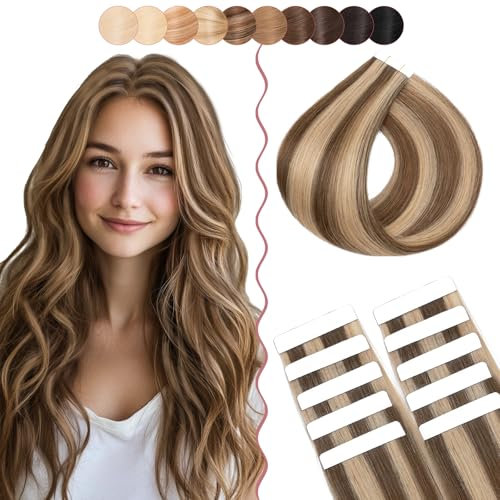 35cm SEGO Extensiones Adhesivas Pelo Natural 10PCS [#4/27 Castaño Chocolate/Rubio Oscuro] Cinta Adhesiva Invisible Sin Clips 100% Remy Liso Cabello Humano Balayage (10g)