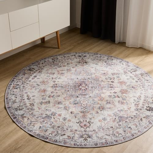 benuta Basic Waschbarer Teppich George - Multicolor 120 cm rund - Kunstfaser - rund & im Style: Vintage, Elegant, Retro - Pflegeleicht für Wohnzimmer Schlafzimmer