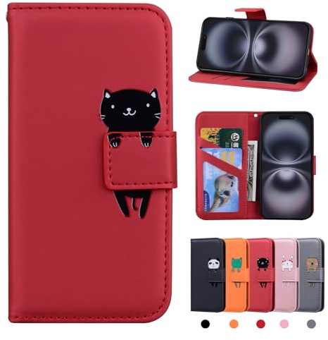 Rostsant iPhone 16 Hülle PU Leder Brieftasche iPhone 16 Schutzhülle Stehfunktion Magnetic Closure Handyhülle für iPhone 16 Rote Katze