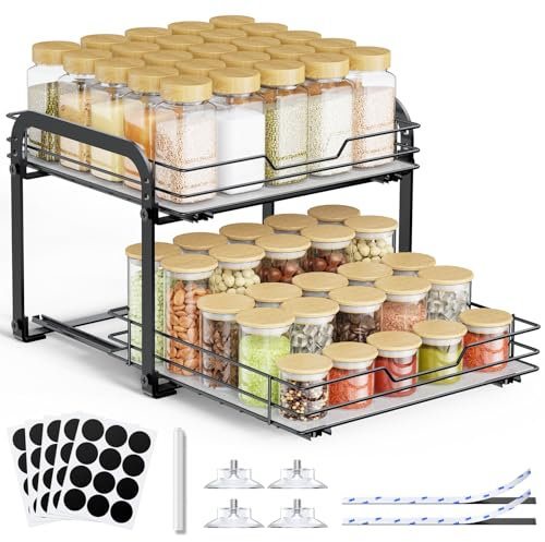 AHOMSEL 2 Etagen Gewürzregal Ausziehbar, Höhenverstellbar Küchenschrank Organizer, Gewürzregal Stehend, Ausziehbares Gewürz Regal mit Aufkleber für Schrank Küche Arbeitsplatte, L26.4*B29*H23cm