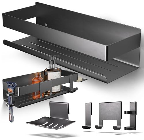 HENAL Duschablage Set 5 in 1, Edelstahl-Duschablage schwarz matt ohne Bohren, Duschregal inklusive Rasiererhalter, Duschabzieher-Halter, Seifenschale & Haken, XXL Bathroom Organizer