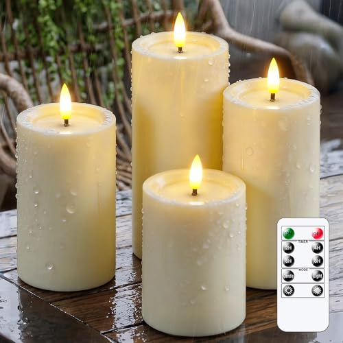 Wroxipel Wasserdichte Flackernde Automatische Tages-Timerfunktion Elfenbein Plastik Flammlose LED-Kerzen mit Wachsöl, 7,5cm x 10/12,5/15/17,5cm Batteriebetrieb Fernbedienung (4er-Pack)