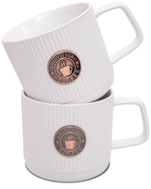 Topadorn Set of 2 Ceramic Mug, 13 Oz Embossment Cups for Latte, Hot Tea, Cappuccino, Mocha, Cocoa, Office Coffee Mug with Gift Box, White