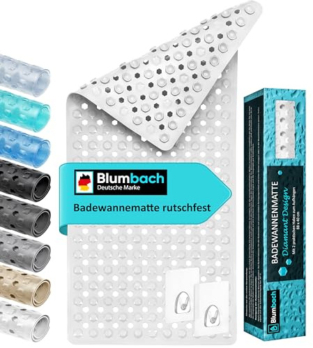 Blumbach® Badewannenmatte rutschfest 88x40cm – inkl. 2 Haken zum Trocknen | 100% BPA-frei, Sicher für Kinder & Senioren | Badematte rutschfest 200+ Saugnäpfe | Schimmelresistent, Maschinenwaschbar