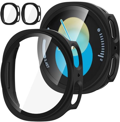 Jvchengxi [2 Pezzi Opaco Custodia per Samsung Galaxy Watch 8 44mm Pellicola Protettiva, Rigida PC Vetro Temperato Cover Anti-Graffio Schermo Protezione Case Galaxy Watch 8 44mm(Nero/Nero)