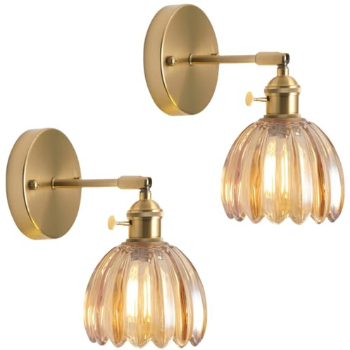 Générique Applique Murale en Verre Fleur Vintage Laiton Doré avec Interrupteur Lampe Murale E27 Luminaire Murale Intérieur Applique pour Salle de Bain (Ambre, 2 PCS)