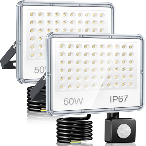 YIQIBRO 50W LED Strahler mit Bewegungsmelder Außen für Garten - 2 Stück | 5000LM LED Scheinwerfer mit Bewegungsmelder, 6500K Kaltweiß Außenstrahler, IP67 Wasserdichte Fluter für Lager Garage Keller