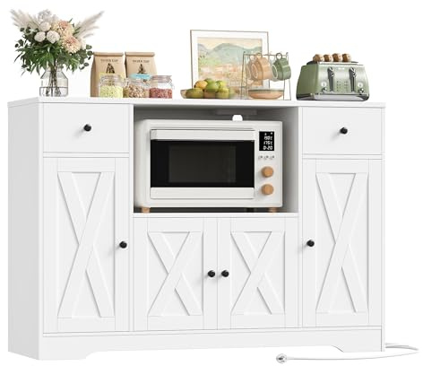 HOCSOK 120 cm Sideboard, Kitchen Pantry Cupboard with Power Sockets, Sideboard Storage Cabinet with Microwave Stand and Adjustable Shelves, for Living Room Dining Room Hallway, 120x40x85cm, White