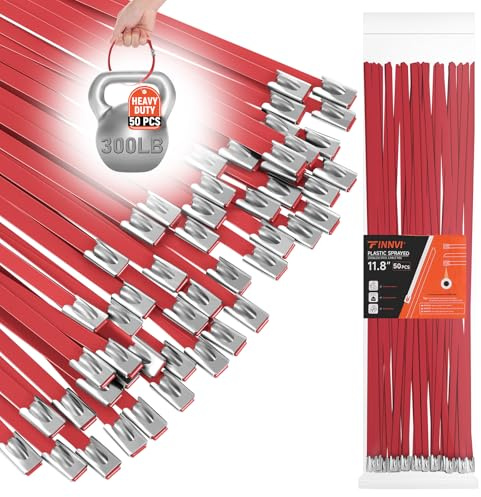 Red Metal Zip Ties Heavy Duty 11.8 inch for Outdoor Use, Stainless Steel Epoxy Coated Cable Chain Link Fence Zip Ties, Durable Metal Wire Ties Strap UV Resistant