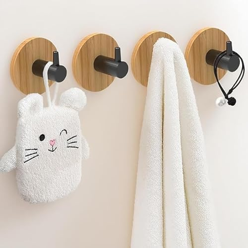 FIUTEKO Crochets Muraux Adhésifs en Bambou Lot 4 Crochets en Bois Crochet L Noir Sans Perçage, Montage Facile pour Salle de Bain Cuisine Entrée, Idéal pour Carrelage et Porte