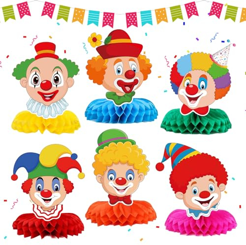 KERYBW Clown Tischdeko Karneval, 6 Stück Clown Deko Tischaufsätze, 3D Bienenwabe Mittelstück, Tischdekoration für Karneval, Fasching, Zirkus Deko