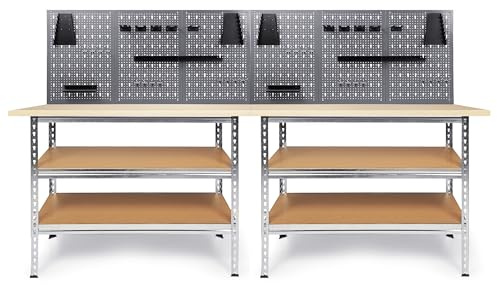 Ondis24 Werkstatt Set Werkstatteinrichtung Uwe 240 cm mit 2 Werkbänken, 2 Lochwand-Sets und 1 Lochwandhaken-Set – 120 cm Werkbank Metall