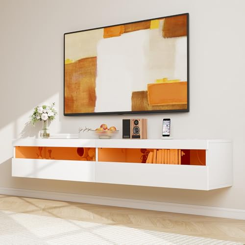 Winlice 180cm Floating TV Stand with LED Lights & Power Socket, High Gloss Modern Media Unit with Storage 71, Wall Mounted TV Cabinet for 65/75/80 inch TVs,White