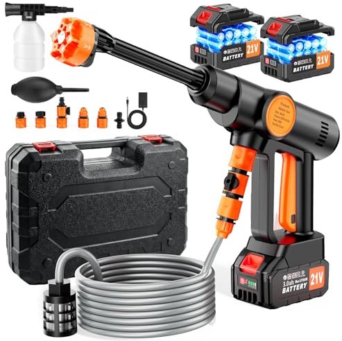 Nettoyeur Haute Pression sans Fil, Nettoyeur Haute Pression Portable avec 2 Batteries 3,0 Ah, Moteur sans Balais, Buse Réglable 6 en 1, Tuyau de 5 M, pour Lavage de Voiture et Nettoyage du Jardin