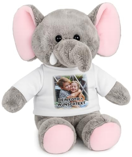 Kuscheltier Elefant personalisiert – Flauschiges Plüschtier mit weißem T-Shirt zum Bedrucken – Weicher Teddybär für Babys & Kinder – Geschenk zur Geburt & Geburtstag