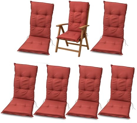 Hochlehner Auflagen 6er Set 117x49x6 cm Rot Gartenstuhl Sitzpolster Komfort | BURI Hochlehnerauflage wetterfest mit Schaumkern, Vollvlies und Halteband für Balkon, Terrasse und hohen Sitzkomfort