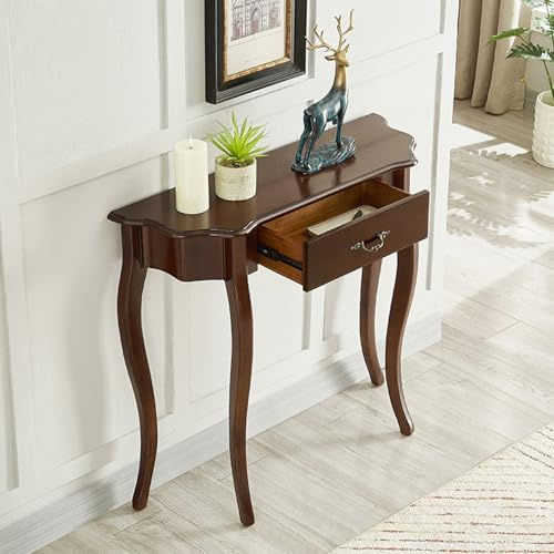 YITAYMLI Tavolo consolle a mezzaluna in stile vintage con cassetto, tavolo stretto da ingresso con gambe in legno, mobile decorativo stabile per soggiorno, corridoio(Walnut,89cm/35in)