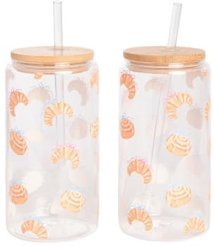 OHS Plastic Glass Tumblers Croissant Glass Cups with Lids and Straws 2 Pack | Clear Cute Tumbler Cup Drinking Glasses with Bamboo Lids Iced Coffee Cups Glass Tumblers for Smoothie Soda Beer Cocktail