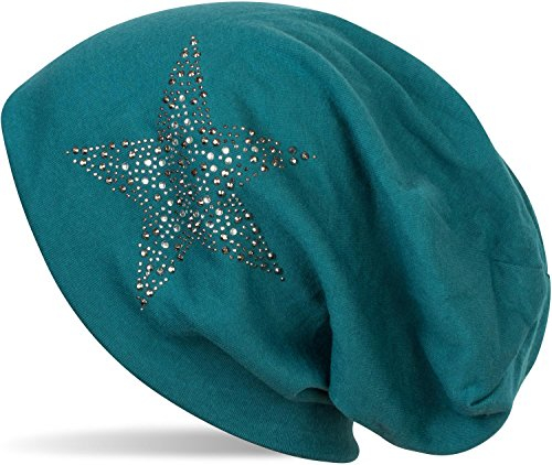 styleBREAKER Damen Beanie Mütze mit Strass Nieten Stern und Schmucksteine Silber-anthrazit, Slouch Longbeanie 04024087, Farbe:Petrol