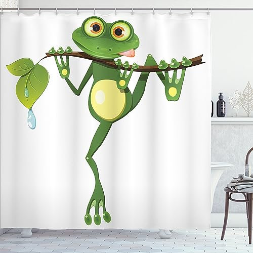 ABAKUHAUS Tier Duschvorhang, Frosch auf Zweig Dschungel, Stoffliches Gewebe Badezimmerdekorationsset mit Haken, 175 x 220 cm, Grün Weiß Gelb