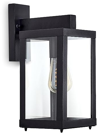 Wandaußenlampe Tieva, moderne Außenwandleuchte aus Metall/Glas in schwarz, 1-flammig, eckige Wandleuchte, E27-Fassung, Außenleuchte abwärts mit Lichteffekt für den Eingangsbereich, ohne Leuchtmittel