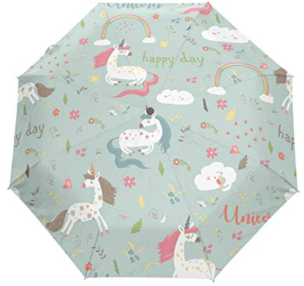Kunst Regenbogen Einhorn Regenschirm Auf-Zu Automatik UV-Schutz Taschenschirm Winddichter Umbrella Klein Leicht Schirm Kompakt Schirme für Jungen Mädchen Reise Strand Frauen