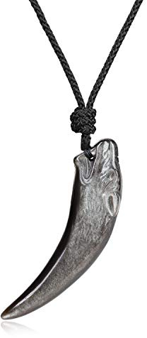 COAI Geschenkideen Glückskette aus Obsidian Silber Wolf Gravur Wolfszahn Anhänger halsketten für Herren