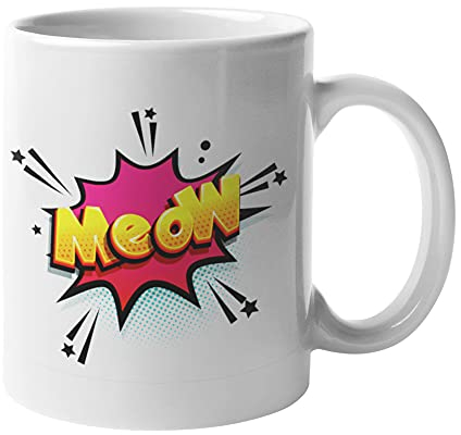 Meow Cat Becher, Tasse für Tee, Kaffee und heiße Getränke, weiße Keramik, Geschenk für Katzenliebhaber und Tierliebhaber
