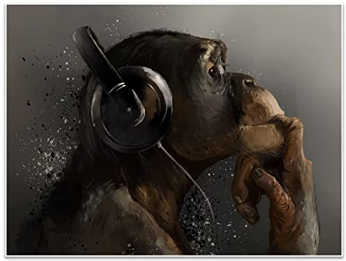 wandmotiv24 Poster als Wanddeko, Größe 80x60cm, AFFE mit Kopfhörer, Headset, Musik, Tiere, Affen, Moderne Wanddeko, Wandbilder, Deko, Bild M0056