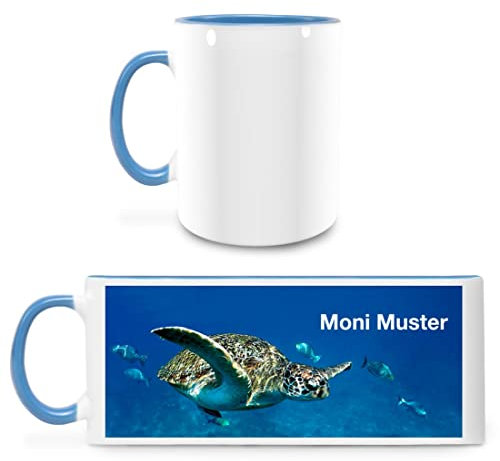 Manutextur Tasse mit Namen - personalisiert - Motiv Schildkröte - viele Farben & Motive - weiß/hellblau - persönliches Geschenk mit Wunsch-Motiv und Wunsch-Name