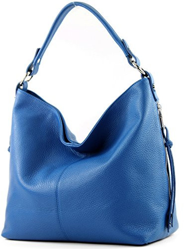 modamoda de T160 Damen Leder Schultertasche Henkeltasche Large handmade in Italy, Farbe:Blau2021