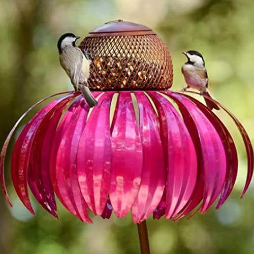 Metall Blumenform Vogelfutterspender Garten Outdoor Sonnenhut Ständer Vogelfutterspender Sonnenhut Stehende Vogelfutterstation Außendekoration Fenster Garten Blume Vogelfutterstation (Rot)