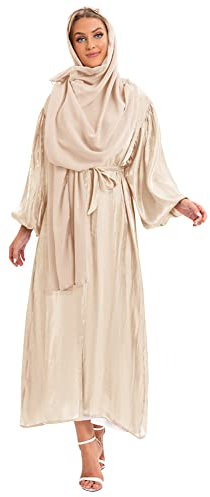 IWEMEK Strickjacke Frauen Muslimische Cardigan Lange Maxikleid + Hijab Kopftuch Passform Langarm Kaftan Damen Burka Abaya Islamic Dubai Arabisch Kleider Gebetskleid Gebetskleidung #B: Gold Set L
