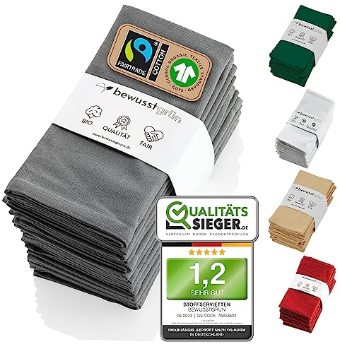 BewusstGrün® 6 Faire & Nachhaltige Stoffservietten + Faltanleitungen I 100% Bio-Baumwolle I 45x45 cm Grau