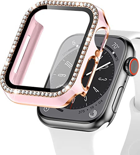 EIHAIHIS Custodia Bling per Cover Apple Watch 45mm, Bumper Protettivo PC Rigido con Pellicola Protettiva per Schermo in Vetro Temperato per iWatch Series 8 7, Rosa+Oro Rosa