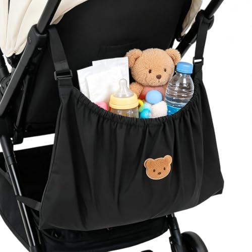 Kinderwagen-Taschen-Organizer, wiederverwendbare Baby-Wickeltasche, niedliches Bärenmuster, universeller Kinderwagen-Organizer für stillende Mütter, Kindertagesstätten, Reisen(Schwarz)