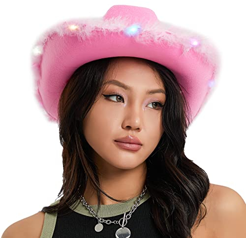 Cowboyhut mit farbenfrohen LED -leichten, lustigen Party Disco Pink Cowgirl Hut pelziger Breitkrempe für Frauen Männer Kostümzubehör (Rosa)