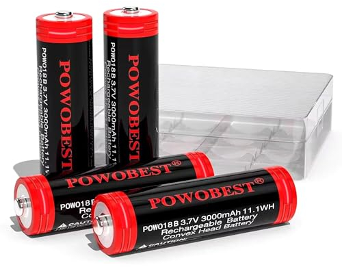 3.7V Rechargeable Battery POWO18B,3000mAh Large Capacity Button Top NiMH Batteries with NiMH Case,Perfect for Flashlight,Camera,Small Fan,Doorbell,Headlamp,Product Patent Number:6319876(4pack, Red)