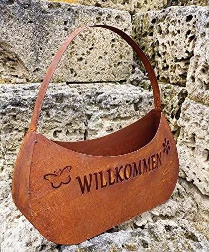 STEINFIGURENWELT GIEBEN Edelrost Handtasche Tasche zum Bepflanzen Rost Pflanztasche Blumentopf Windlicht Edelrost Gartendeko (Willkommen mit Blume und Schmetterling)