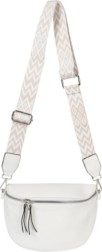 styleBREAKER Damen Halbmond Crossbody Schultertaschen Einfarbig, verstellbarer Schultergurt mit Zick-Zack Rauten Muster 02012401, Farbe:Weiß
