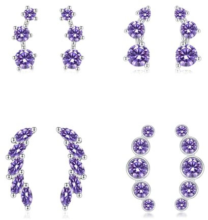 Sterling Silver Stud Earrings for Women, 4 Pairs Hypoallergenic Purple Cubic Zirconia Flower Ear Climber Stud Cartilage Silver Earrings Set Multiple Piercings, Birthday Wedding Christmas Gifts