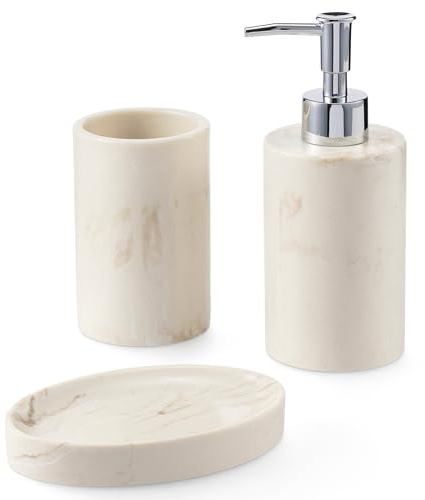 Navaris Juego de jabonera y portacepillos marmol - Set de Accesorios de baño con 1x dispensador de Gel 1x Bote para cepillos y 1x Bandeja para jabón - Imitación Piedra de marmol