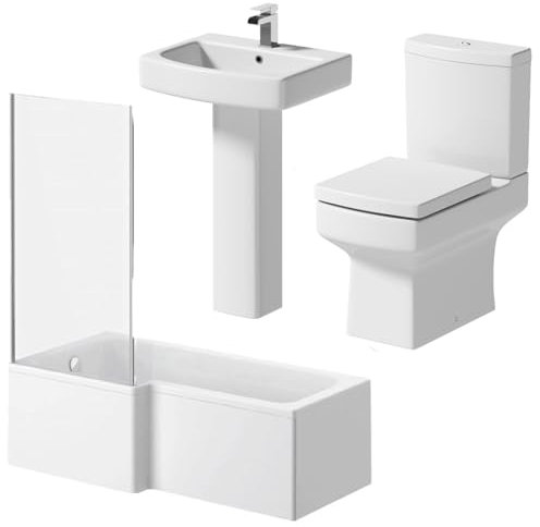 BAYSTONE Modern Bathroom Suite 1600mm Left Hand L Shaped Bath Screen Toilet Basin & Pedestal