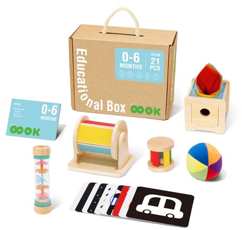 TOOKYLAND Montessori Baby Spielzeug 0-6 Monate Lernspielzeug 6 in 1 Lernspielzeug für Neugeborene einschließlich sensorischer Ball, Regenstab, Baby Rolle, Trommel