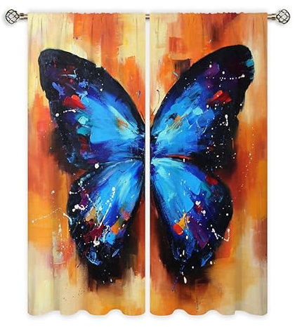 Curtain Orange Blue Butterfly Blackout Curtain Weich Vorhang mit ösen Waschbar Gardinen Wohnzimmer Blackout Vorhang Curtains Living Room Scheibengardinen Verdunklungsvorhänge Vorhänge 2x140x160cm