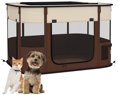 PawHut Dog Pen, Pet Playpen, Portable Foldable Dog Cat Playpen Soft Pet Cage with Storage Bag for Puppies, Rabbits, Kittens, Guinea Pigs, 84 x 64 x 53cm - Brown