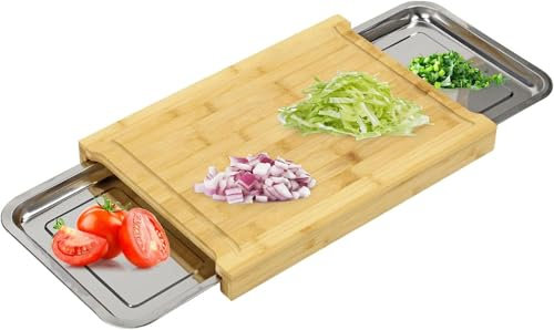 Greenfields Organic Bamboo Cutting Board | Chopping Board with 2 Sliding Stainless Steel Trays | Board with Deep Juice Grooves,Knife-Friendly,Antibacterial Wood | Perfect for Meat, Vegetables or Bread