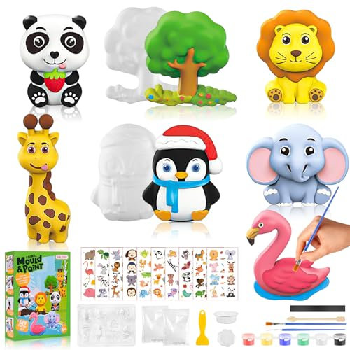 WuGU Animales Figuras para Pintar Kit, Creative Kit Pintura Niños, 3D Escayola Manualidades, Kit Manualidades Niños 4 5 6 7 8 9 Años con Moldes y Accesorios, Regalo Niña 4 5 6 7 8 9 10 11 12 Años