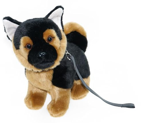 tachi Stehender Plüschtier Hund, Kuscheltier Schäferhund schwarz braun, Stofftiern mit Leine 23 cm